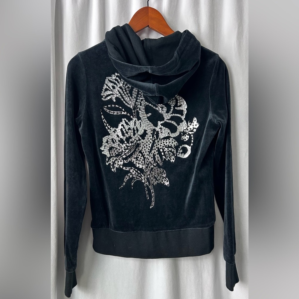 VTG Express size S black velour floral bling beaded hoodie active jacket Y2K